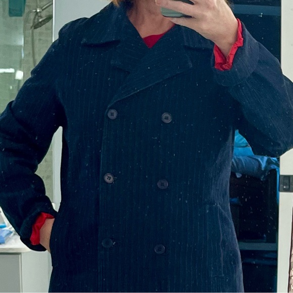 Vintage Esprit Denim Blazer Pea Coat M L navy blue red pinstripes - Picture 10 of 14